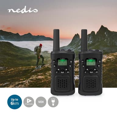Nedis Walkie-Talkie Set | 2 håndsett | Opp til 6 km | Frekvens kanal: 8 | PTT / VOX | Opp til 3 timer | Hodetelefonutgang | 2 Hodesett | Sort