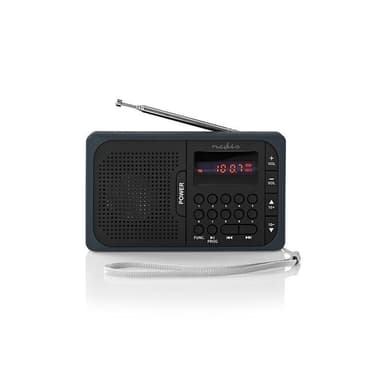 Nedis FM-radio | Bærbar design | FM | Batteri drevet / Nettstrøm drevet | Digitalt | 3.6 W | Skjermstørrelse: 2.0 "" | Svart hvit skerm | Hodetelefonutgang | Grå / Sort