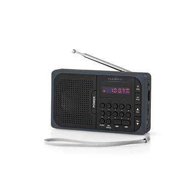 Nedis FM-radio | Bærbar design | FM | Batteri drevet / Nettstrøm drevet | Digitalt | 3.6 W | Skjermstørrelse: 2.0 "" | Svart hvit skerm | Hodetelefonutgang | Grå / Sort