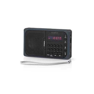 Nedis FM-radio | Bærbar design | FM | Batteri drevet / Nettstrøm drevet | Digitalt | 3.6 W | Skjermstørrelse: 2.0 "" | Svart hvit skerm | Hodetelefonutgang | Grå / Sort