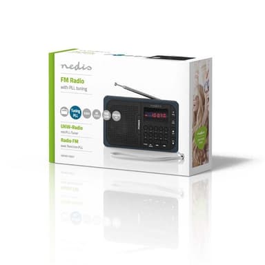 Nedis FM-radio | Bærbar design | FM | Batteri drevet / Nettstrøm drevet | Digitalt | 3.6 W | Skjermstørrelse: 2.0 "" | Svart hvit skerm | Hodetelefonutgang | Grå / Sort