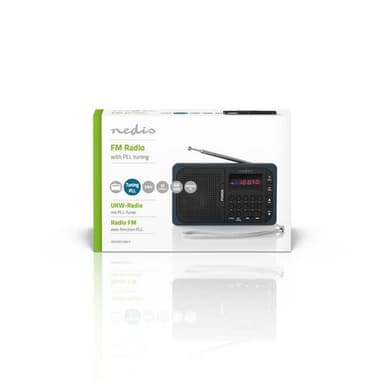 Nedis FM-radio | Bærbar design | FM | Batteri drevet / Nettstrøm drevet | Digitalt | 3.6 W | Skjermstørrelse: 2.0 "" | Svart hvit skerm | Hodetelefonutgang | Grå / Sort