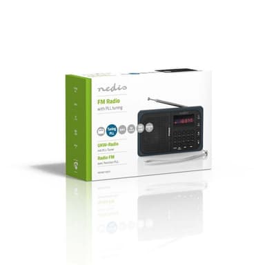 Nedis FM-radio | Bærbar design | FM | Batteri drevet / Nettstrøm drevet | Digitalt | 3.6 W | Skjermstørrelse: 2.0 "" | Svart hvit skerm | Hodetelefonutgang | Grå / Sort