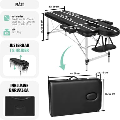 Massasjebenk i aluminium med 2 soner - svart