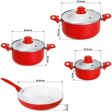 Grytesett i aluminium med keramisk belegg - rød