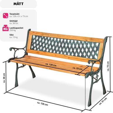 Hagebenk Tamara 2-seter av tre og støpejern 128x51x73cm - brun