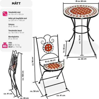 Hagemøbler cafe-sett mosaikk 2 stoler + bord, 60 cm diameter - brun