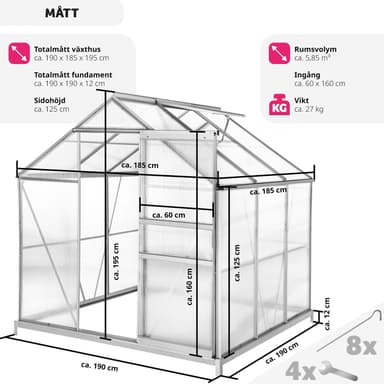 Aluminium Drivhus med fundament - 190 x 185 x 195 cm