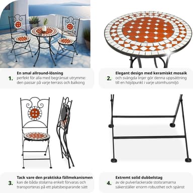 Hagemøbler cafe-sett mosaikk 2 stoler + bord, 60 cm diameter - brun