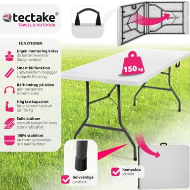 Campingbord sammenleggbart - 183x76x74cm - hvit