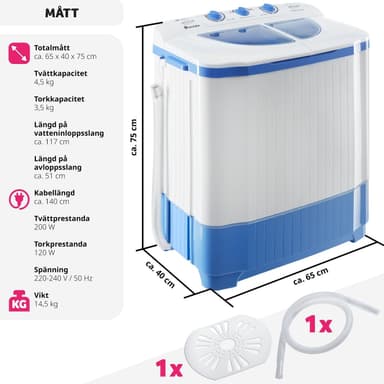 Mini vaskemaskin 4,5 kg med sentrifuge 3,5 kg - hvit