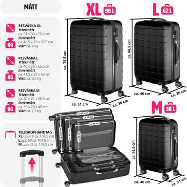 Koffert sett 3 deler hardcase - svart