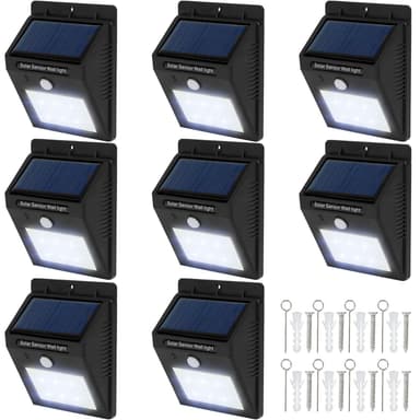 8 stk LED solcelle vegglamper med bevegelsesdetektor - svart