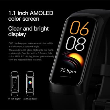 C60 1.1 tommers vanntett smartklokke hjertemonitor blod oksygennivåmåler kroppstemperatur detektor Fitness Tracker sport smart armbånd - svart