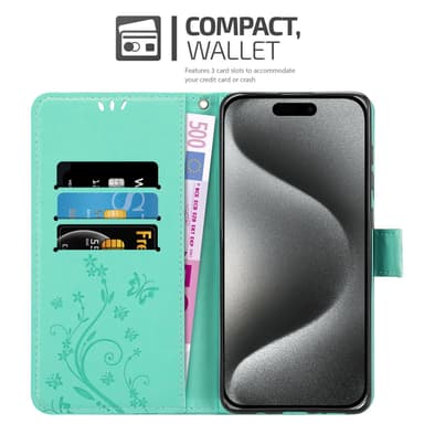 iPhone 16 PRO lommebokdeksel Blomster (Turkis)