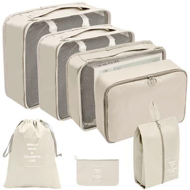 Organizer for koffert - Vanntette pakketerninger og poser 7 stk Beige