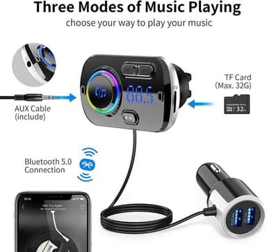 Trådløs FM-sender for bilen, Bluetooth 5.0 - Svart
