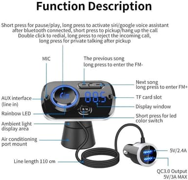Trådløs FM-sender for bilen, Bluetooth 5.0 - Svart