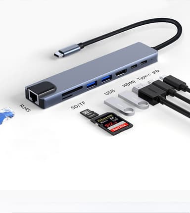 USB-C-hub med 8 uttak for USB, UBC PD, HDMI, RJ45, micro-SD Grå