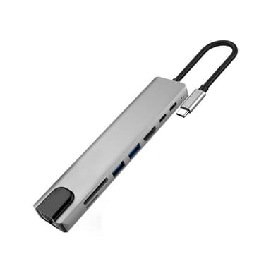 USB-C-hub med 8 uttak for USB, UBC PD, HDMI, RJ45, micro-SD Grå