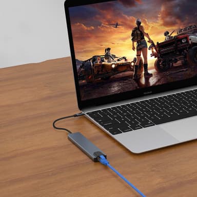 USB-C-hub med 8 uttak for USB, UBC PD, HDMI, RJ45, micro-SD Grå