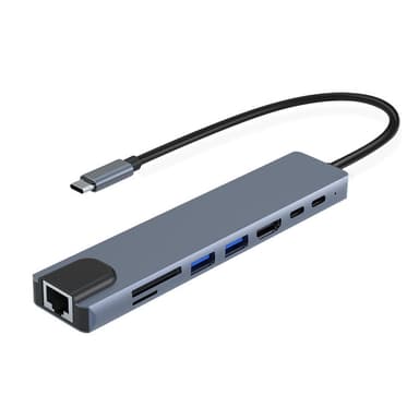 USB-C-hub med 8 uttak for USB, UBC PD, HDMI, RJ45, micro-SD Grå