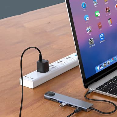 USB-C-hub med 8 uttak for USB, UBC PD, HDMI, RJ45, micro-SD Grå