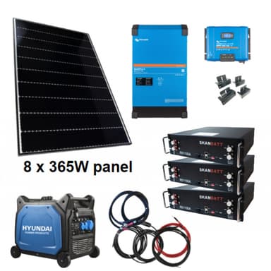 SKANBATT / VICTRON Kraftpakke 230V 8000VA - 2680W (8x335W) Solceller - Med LITHIUM HEAT Batterier(15.36kWt) og HYUNDAI 6500W Aggregat