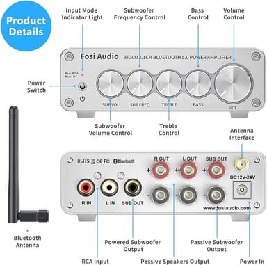 Fosi Audio BT30D-S Bluetooth 5.0 Stereo Audio Mottaker Forsterker 2.1 Kanal Mini Hi-Fi Klasse D Integrert Amp 2X50 Watt