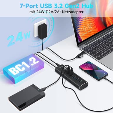 NÖRDIC GEN 3.2 USB-C og USB-A drevet Hub 7ports 7x10Gbps 1m kabel individuell bryter