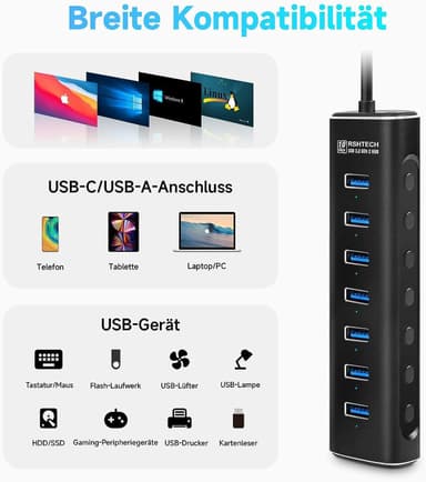 NÖRDIC GEN 3.2 USB-C og USB-A drevet Hub 7ports 7x10Gbps 1m kabel individuell bryter