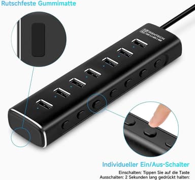 NÖRDIC GEN 3.2 USB-C og USB-A drevet Hub 7ports 7x10Gbps 1m kabel individuell bryter