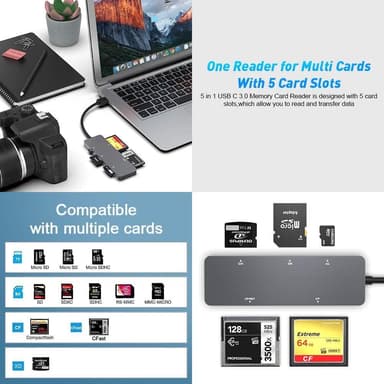 NÖRDIC USB-A 3.0 kortleser, 5 spor CFast, CF, SD 4.0, MicroSD 4.0, MS UHS-I