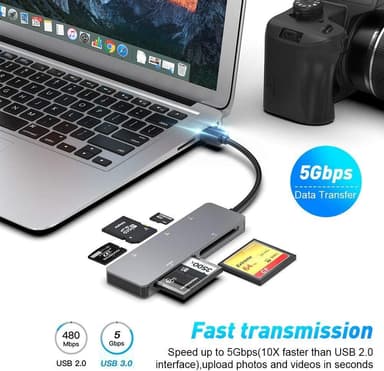 NÖRDIC USB-A 3.0 kortleser, 5 spor CFast, CF, SD 4.0, MicroSD 4.0, MS UHS-I