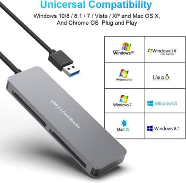 NÖRDIC USB-A 3.0 kortleser, 5 spor CFast, CF, SD 4.0, MicroSD 4.0, MS UHS-I