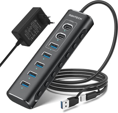 NÖRDIC GEN 3.2 USB-C og USB-A drevet Hubb 7-porter 3x10Gbps 4x5Gbps 1m kabel individuell bryter