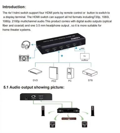 NÖRDIC HDMI Switch 4 til 1 Ultra HD 4K60Hz 4: 4: 4 HDCP2: 2 HD10 SPDIF og Stereo Dolby DTS HD PS3 / 4/5, Xbox, Chromecast, kompatibel med Nintendo Switch