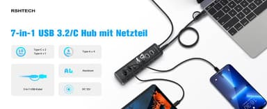 NÖRDIC GEN 3.2 USB-C og USB-A drevet Hubb 7-porter 3x10Gbps 4x5Gbps 1m kabel individuell bryter