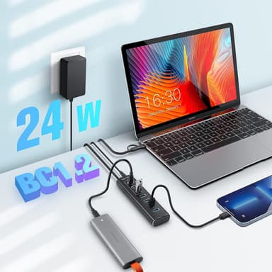 NÖRDIC GEN 3.2 USB-C og USB-A drevet Hubb 7-porter 3x10Gbps 4x5Gbps 1m kabel individuell bryter