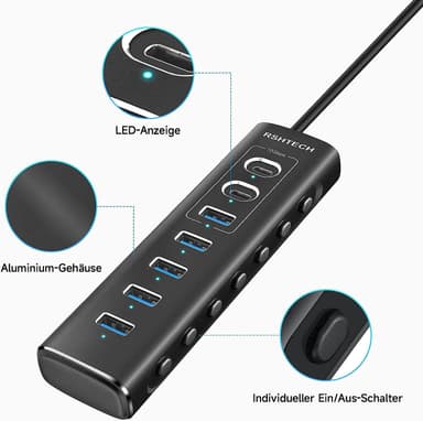 NÖRDIC GEN 3.2 USB-C og USB-A drevet Hubb 7-porter 3x10Gbps 4x5Gbps 1m kabel individuell bryter