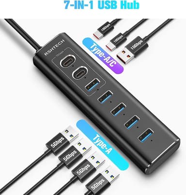 NÖRDIC GEN 3.2 USB-C og USB-A drevet Hubb 7-porter 3x10Gbps 4x5Gbps 1m kabel individuell bryter