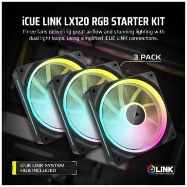Corsair iCUE LINK LX120 RGB 120mm PWM vifte startsett (3-pakning)