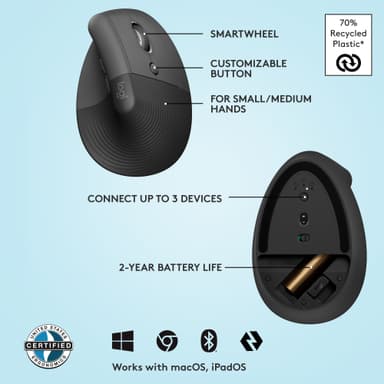 Logitech Lift Vertical trådløs mus (grafitt)