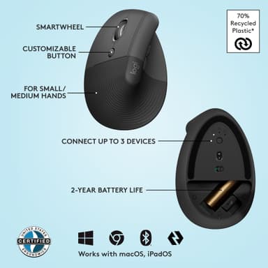 Logitech Lift Left Vertical trådløs mus (grafitt)