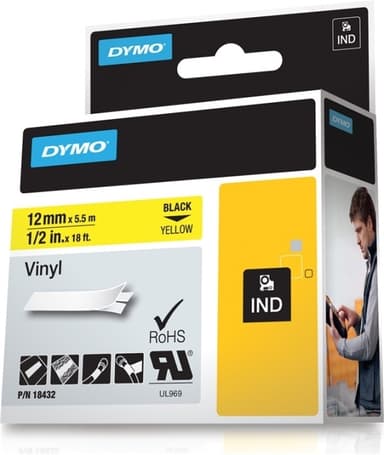 DYMO RhinoPRO etikettbånd permanent vinyl 12 mm, svart på gul, 5,5 m rull (18432)