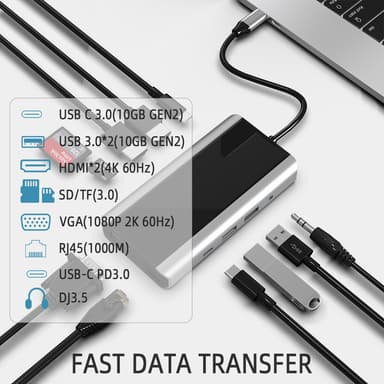 11 i 1 USB C Hub med USB 3.0, HDMI, RJ45, SD/TF-kortleser, 100W PD-lading