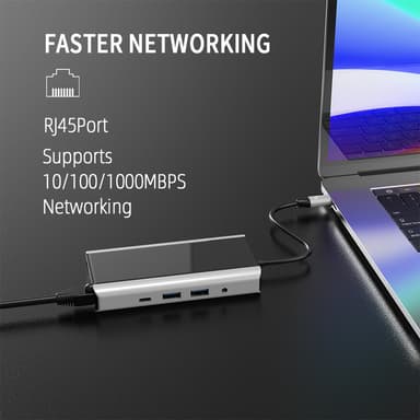 11 i 1 USB C Hub med USB 3.0, HDMI, RJ45, SD/TF-kortleser, 100W PD-lading