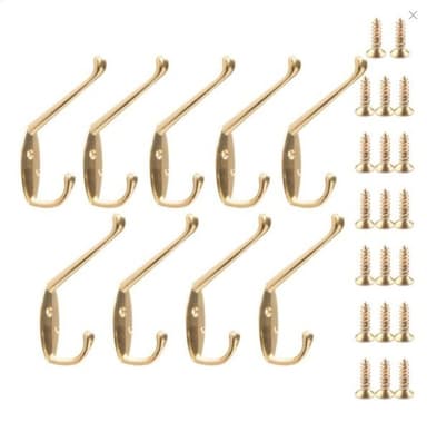 9-pack veggmonterte metallkroker, dobbel pinne Gull