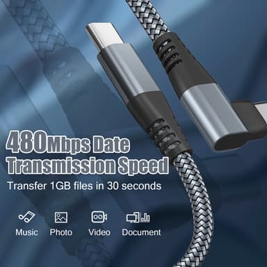 USB-C lader med vinklet kontakt 60 W hurtiglading Grå 2 m