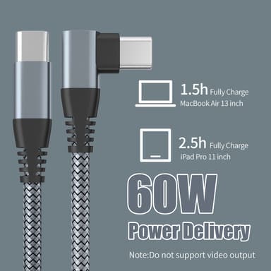 USB-C lader med vinklet kontakt 60 W hurtiglading Grå 2 m